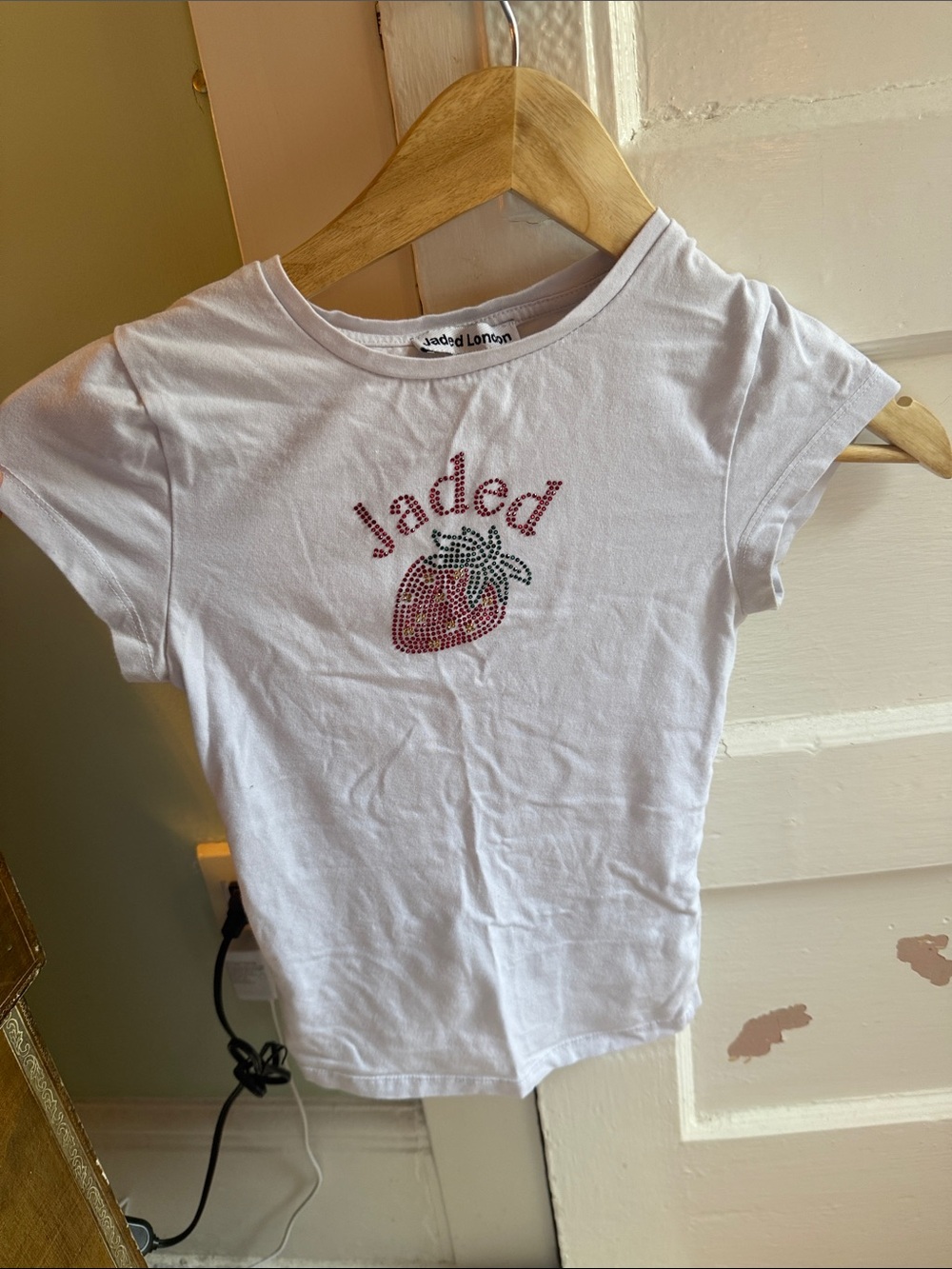 Jaded London White Tee with Pink Rhinestone Strawberry